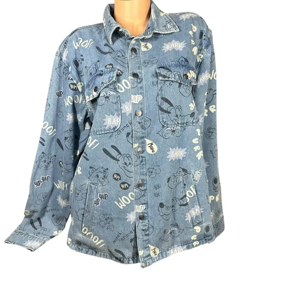Disney Parks Jean‎ Jacket Adult XL Oversized Blue Denim Critters Pluto Shacket
